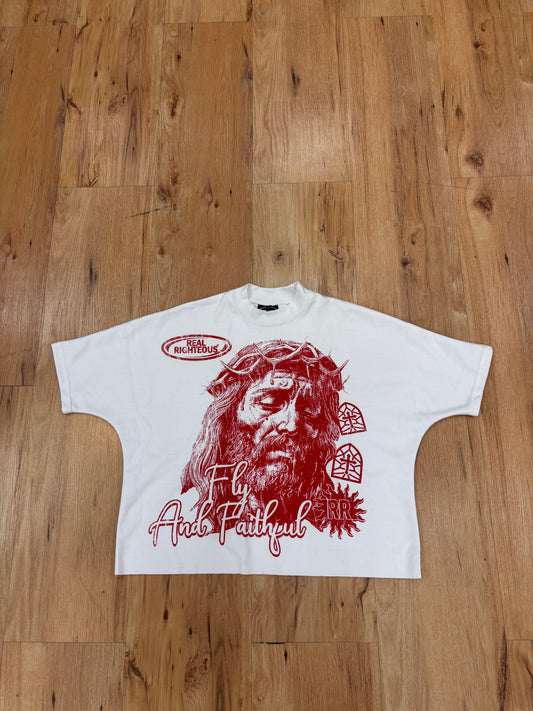 Fly & Faithful boxy tee "white/red"